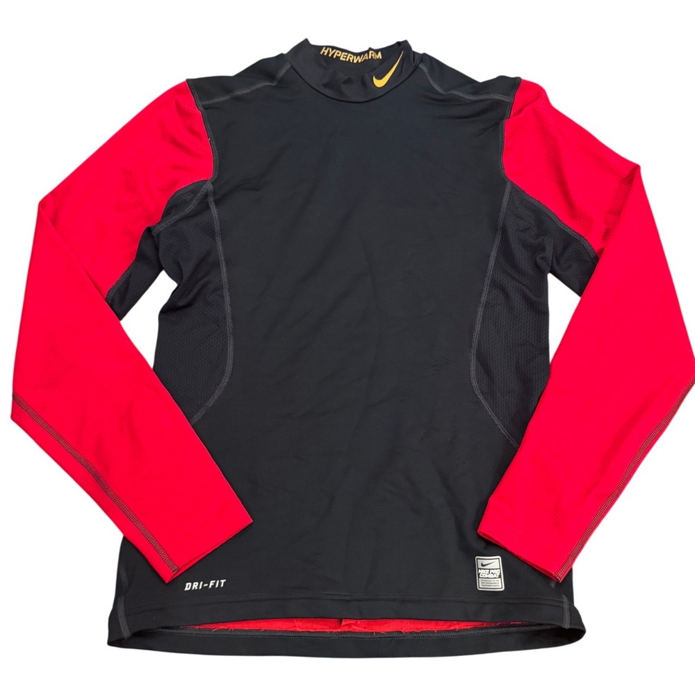 Nike Pro Combat Hyperwarm Mock Neck Long Sleeve Shirt Black Red Large Fitted